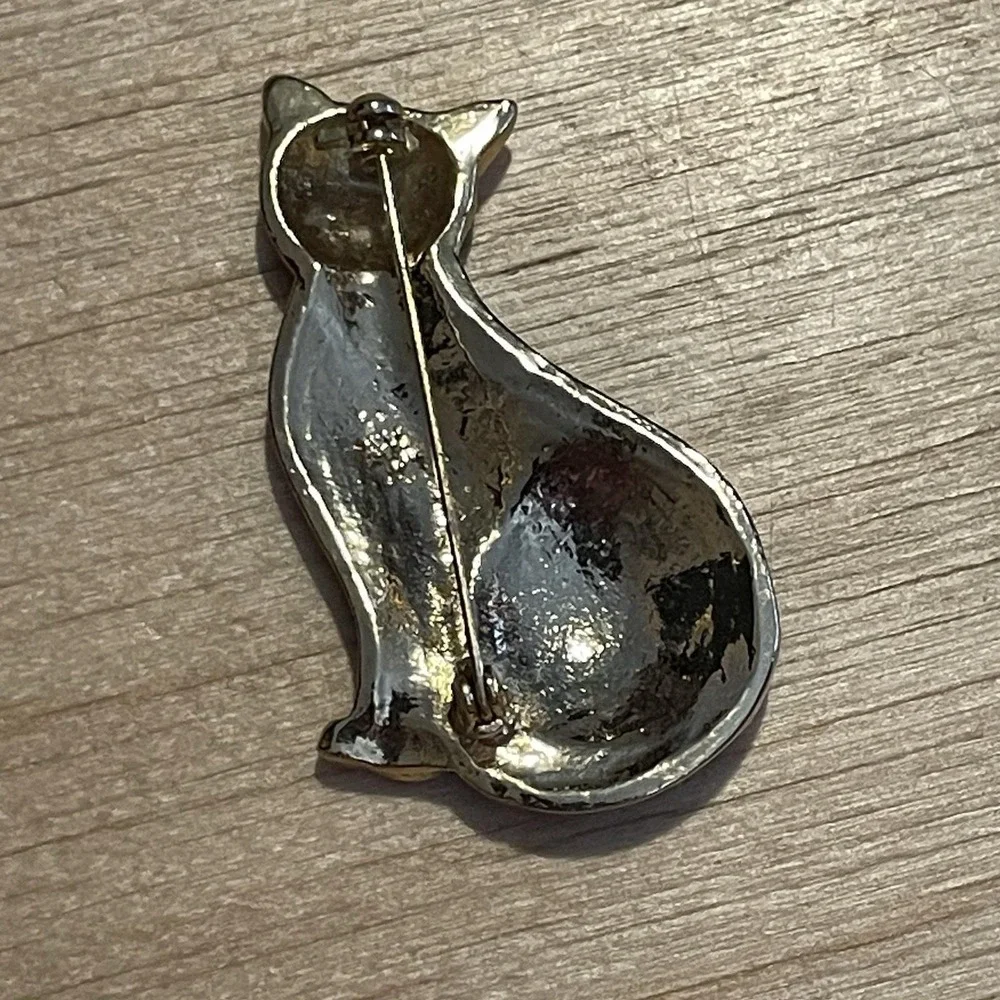 Vintage 1990s Black Cat Metal Enamel Brooch Gold Tone Kitten Pin